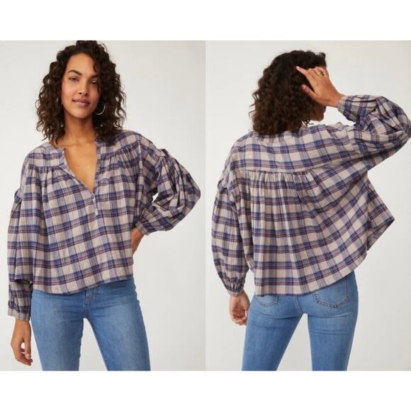 Free People We The Free Jessi Plaid Peasant Top Small Relaxed Boxy Oversized - Picture 1 of 10